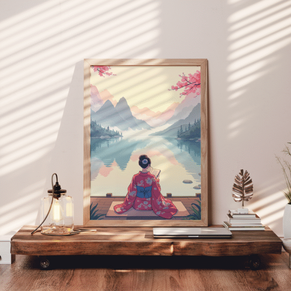 Tableau d'une fille devant un lac en style Anime #0132