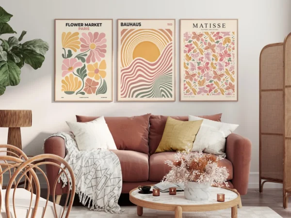 Set de 3 tableaux mixtes Matisse Bauhaus Fleurs #0338